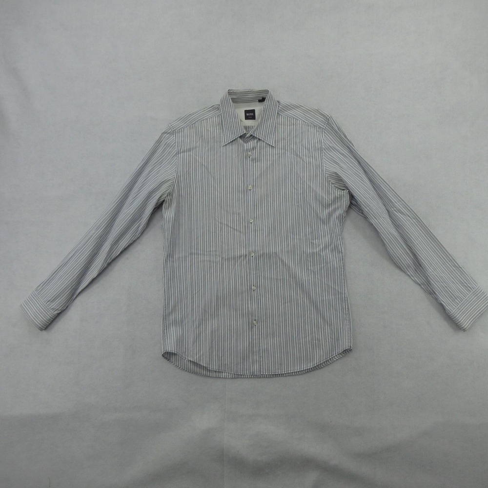 Hugo Boss Shirt Mens Large Blue Stripe Slim Fit Long Sleeve Dress Button Front